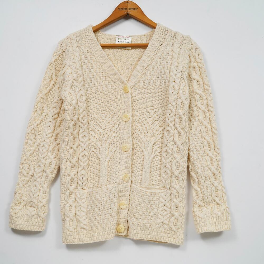 Kilronan Knitwear Ireland Merino Wool Aran Cable Cardigan Cream Size S